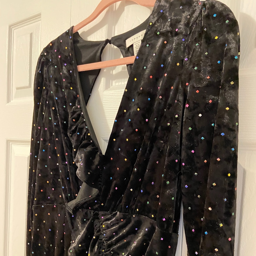 NWOT Topshop Petite Black Velvet Open-Back Dress, Petite size 8